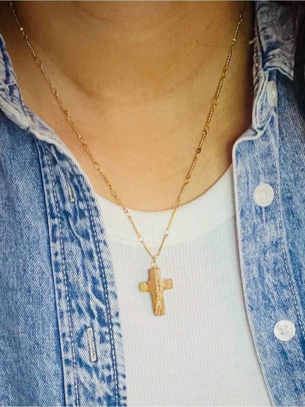 Bone Chain w Natural Picture Stone Cross - Picture 2 of 3